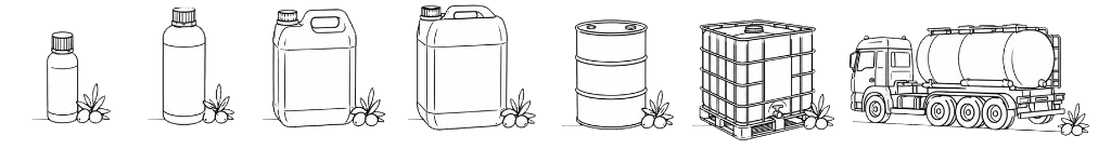 Illustration des formats de conditionnement : flacons 250 ml et 1 L, jerrycans 5 L et 25 L, fûts, conteneur IBC et transport vrac.