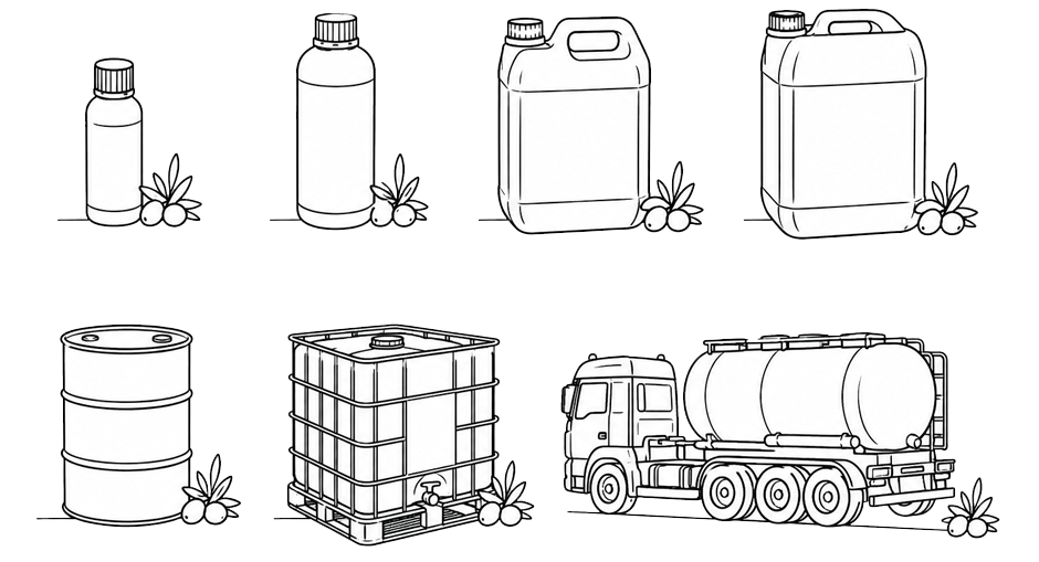 Illustration des formats de conditionnement : flacons 250 ml et 1 L, jerrycans 5 L et 25 L, fûts, conteneur IBC et transport vrac.