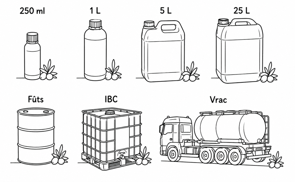 Illustration des formats de conditionnement : flacons 250 ml et 1 L, jerrycans 5 L et 25 L, fûts, conteneur IBC et transport vrac.